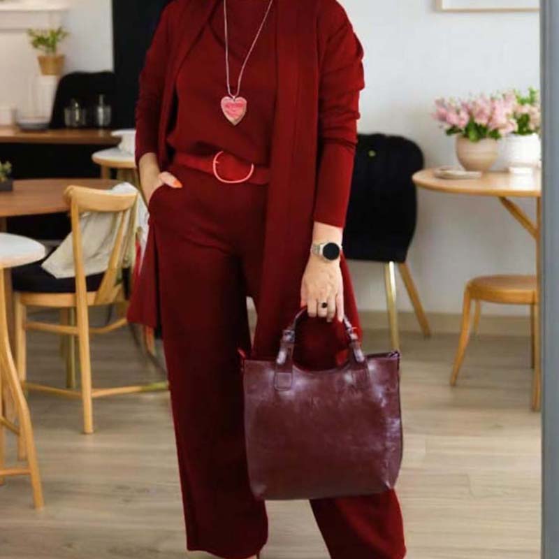 Elegant 3-Piece Set - Long Cardigan, Top, and Trousers