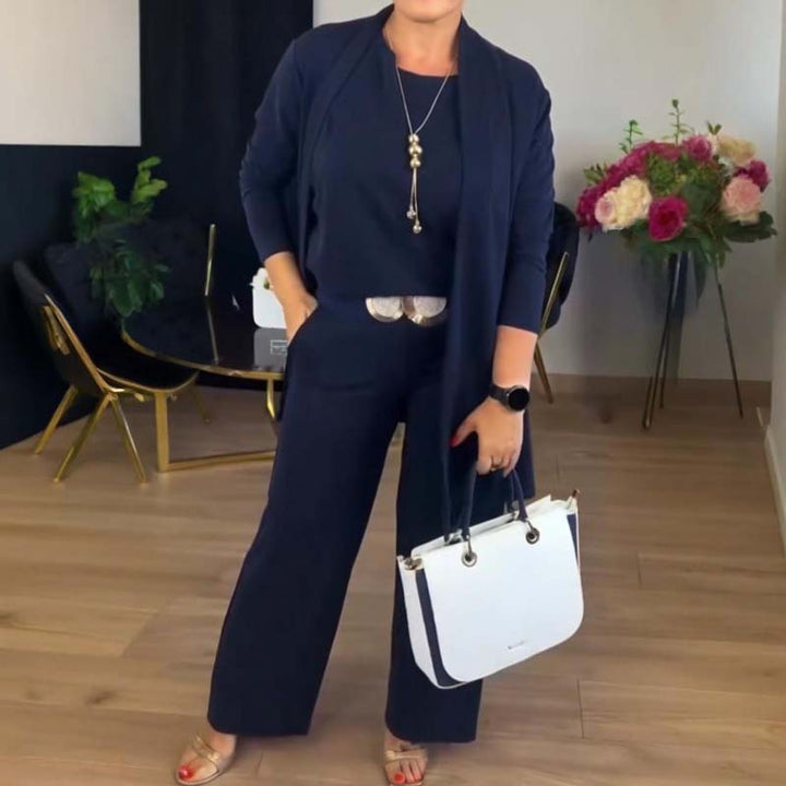 Elegant 3-Piece Set - Long Cardigan, Top, and Trousers