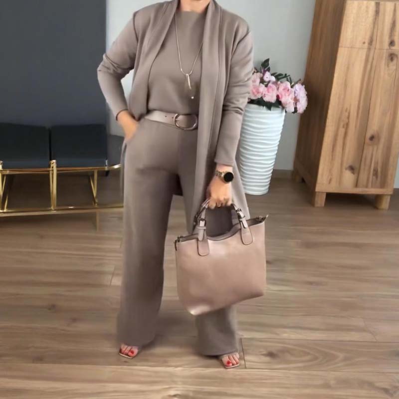 Elegant 3-Piece Set - Long Cardigan, Top, and Trousers